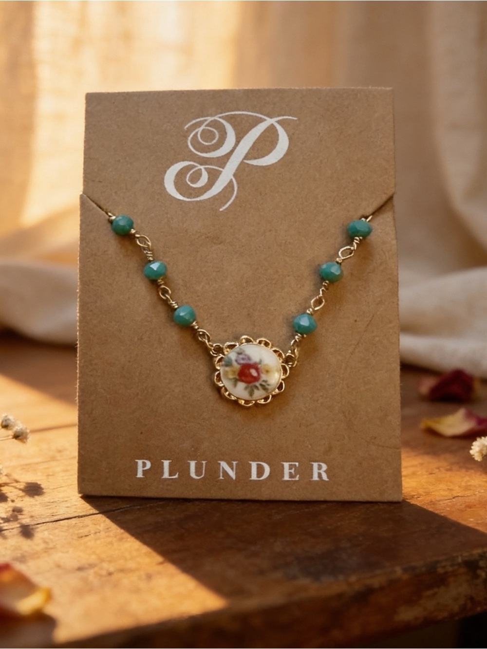 Plunder Design Gold Necklace with Teal Beads and Floral Charm 18-20"